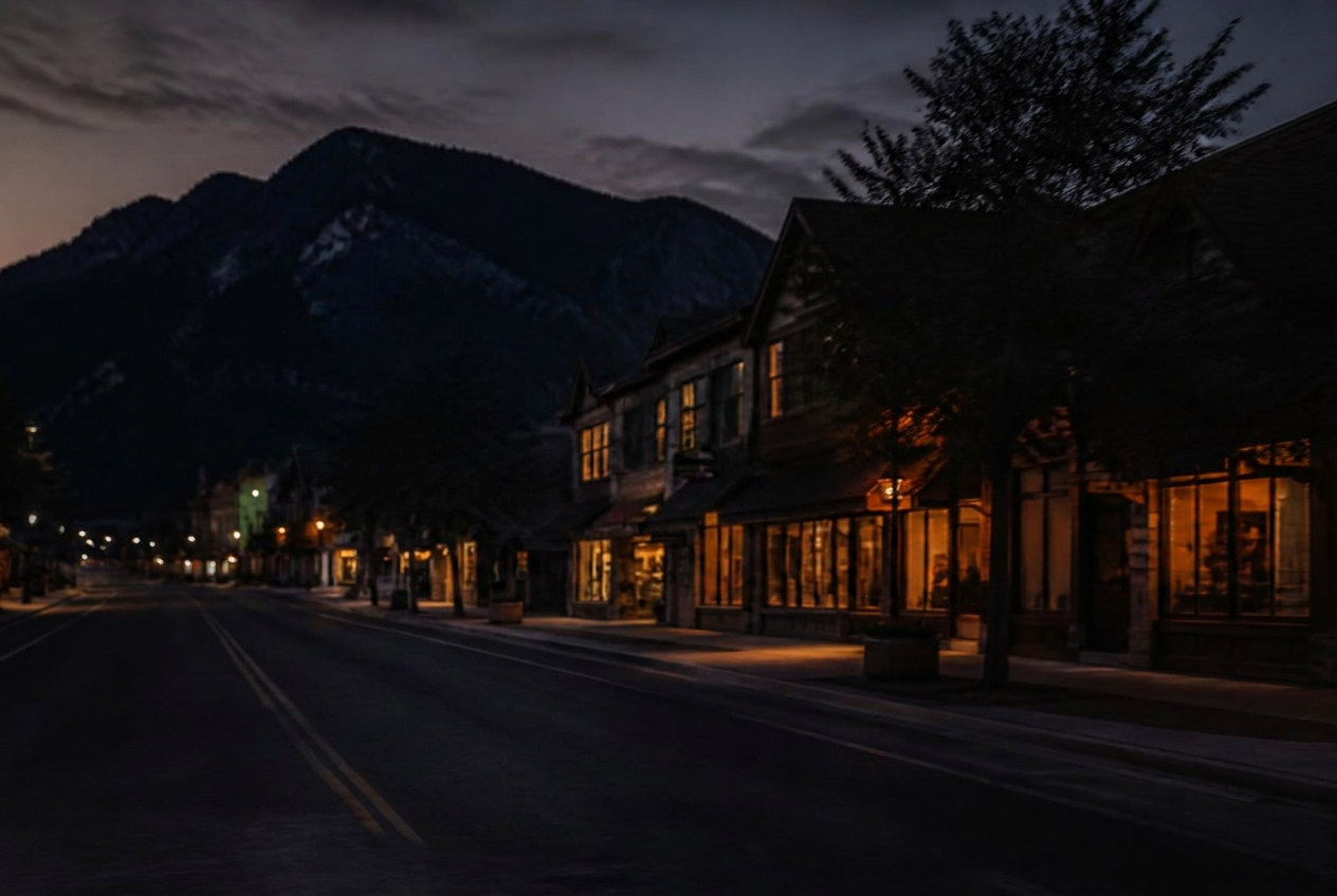 Painted illustration of an empty main street in Estes Park, Colorado at dawn with warm amber light glowing from shop windows and Longs Peak behind.