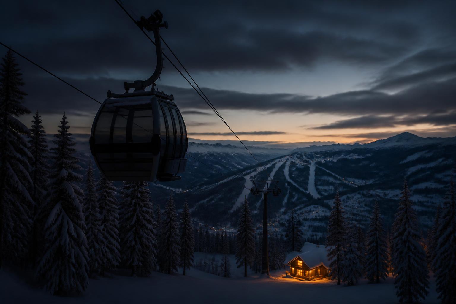 Painted illustration of Summit County, Colorado, with an empty gondola cabin hanging above snow-laden evergreens at blue hour and alpenglow on the peaks behind.