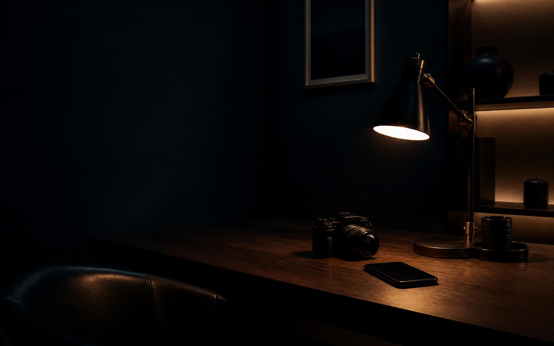 Camera and phone on a dark desk beneath a warm studio lamp