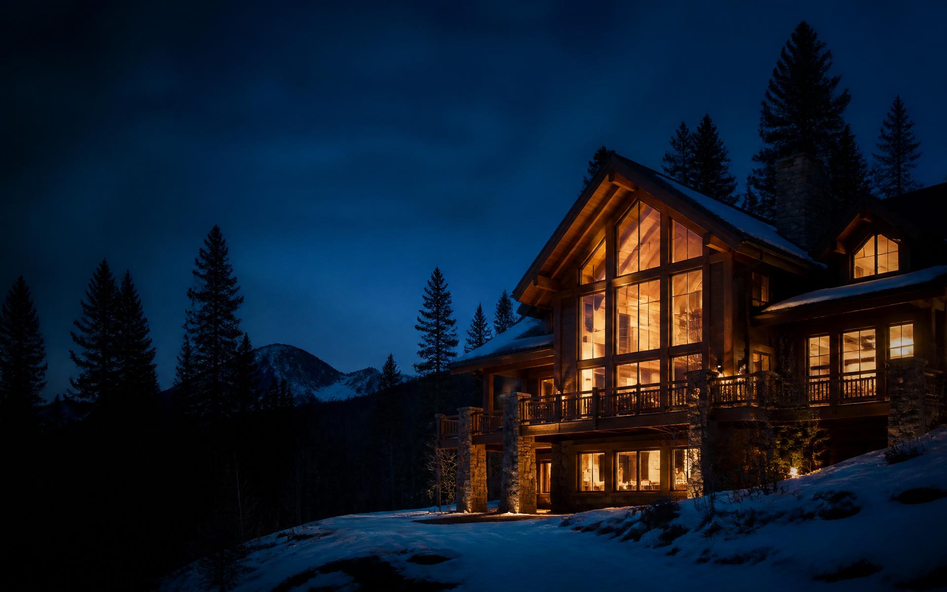 Snow-covered mountain home with illuminated windows at dusk