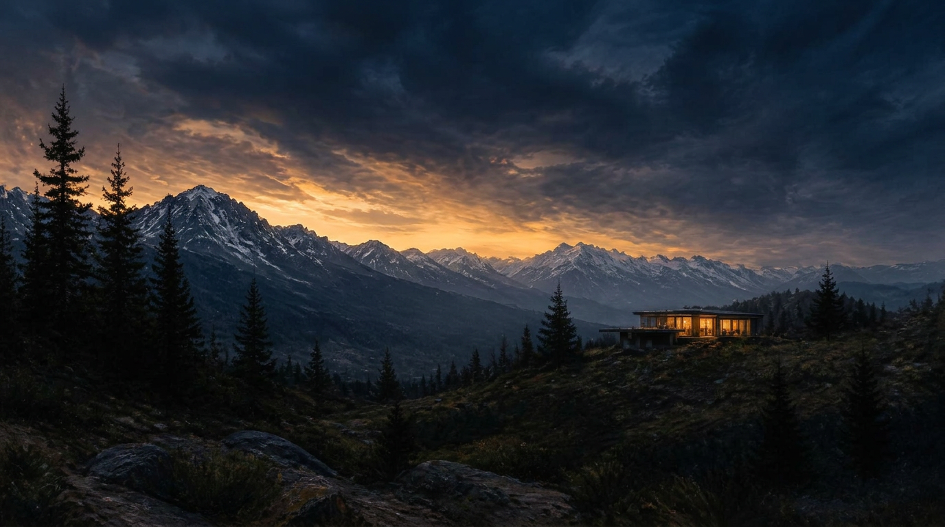 Painted illustration of a Colorado mountain range at dusk with a single warm-lit modern home glowing on a dark ridge.