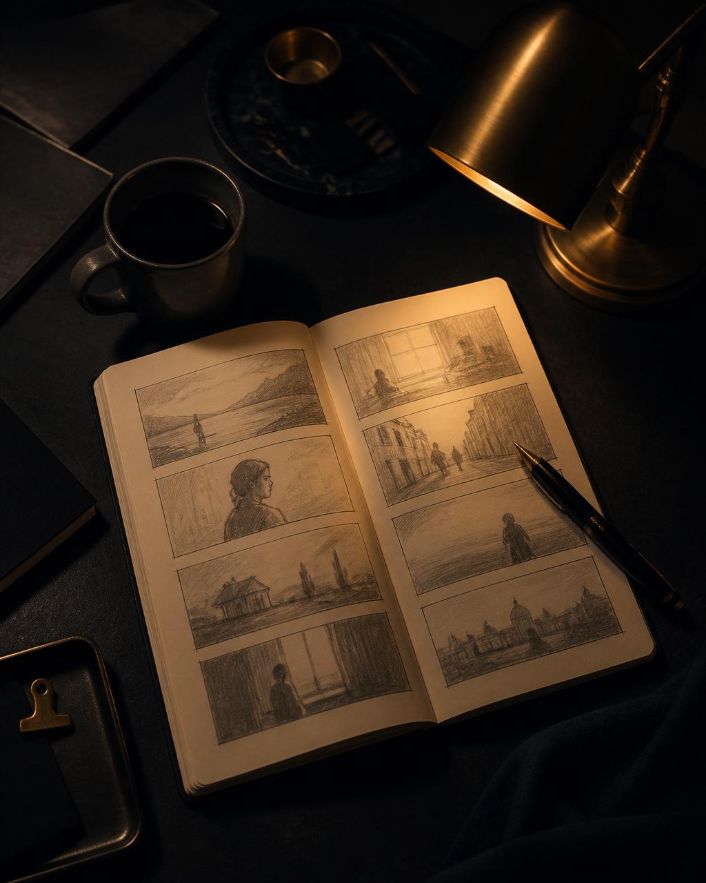 Storyboard notebook and coffee under a warm desk lamp