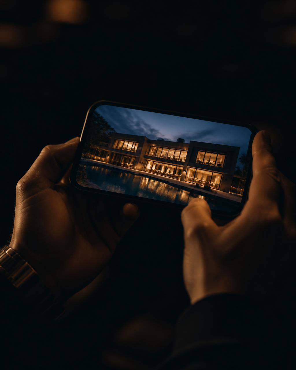 Happy clients holding keys in front of their new home at dusk